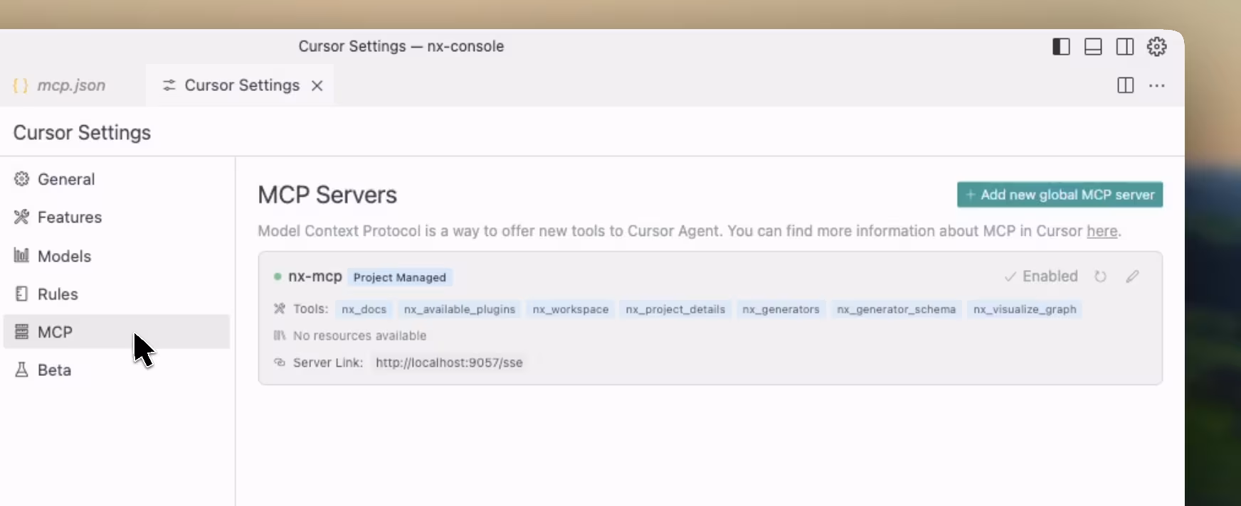 Making sure the Nx MCP is registered in Cursor settings